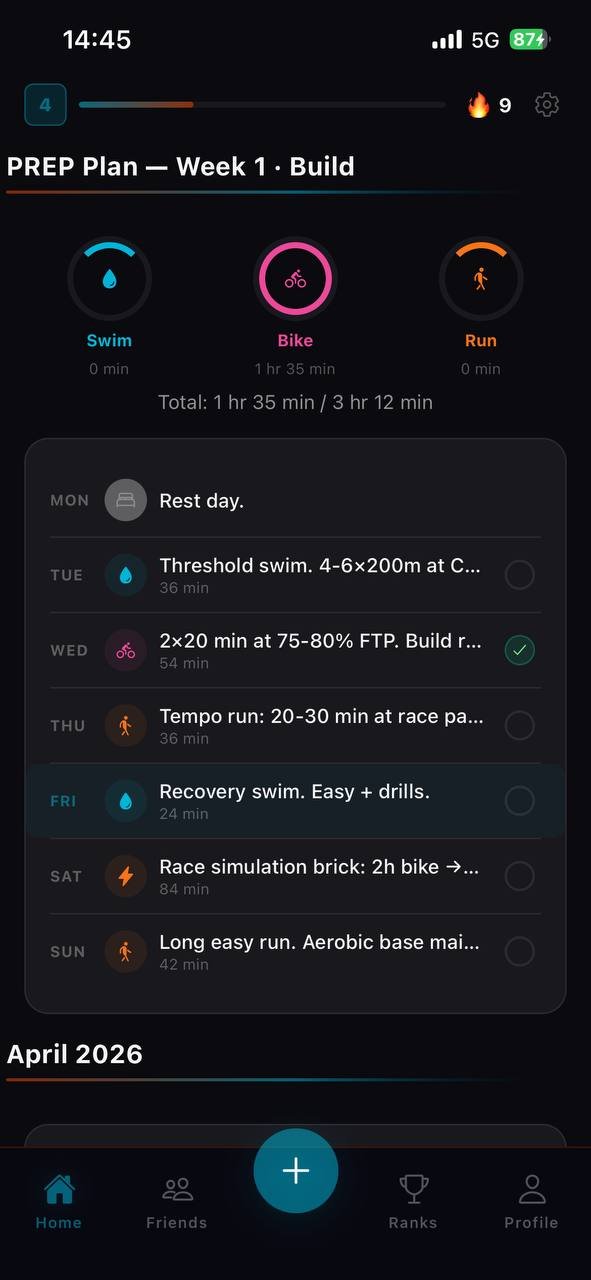 IRON3 PREP Plan showing weekly training schedule with swim, bike, run