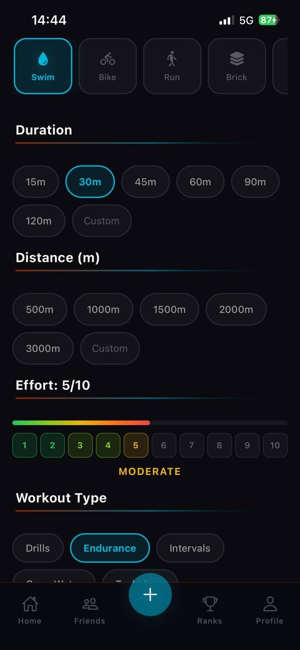 IRON3 Swim session logging with duration, distance, and effort tracking